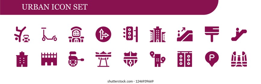 Vector icons pack of 18 filled urban icons. Simple modern icons about  - Hip hop, Scooter, Mall, Traffic signal, Traffic lights, Building, Escalator, Scraper, Bridge, Rickshaw