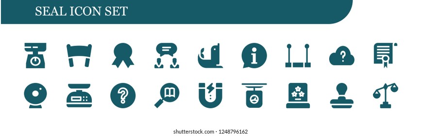 Vector icons pack of 18 filled seal icons. Simple modern icons about  - Scale, Banner, Quality, Agreement, Seal, Information, Trapeze, Question, Certificate, Webcam, Question mark