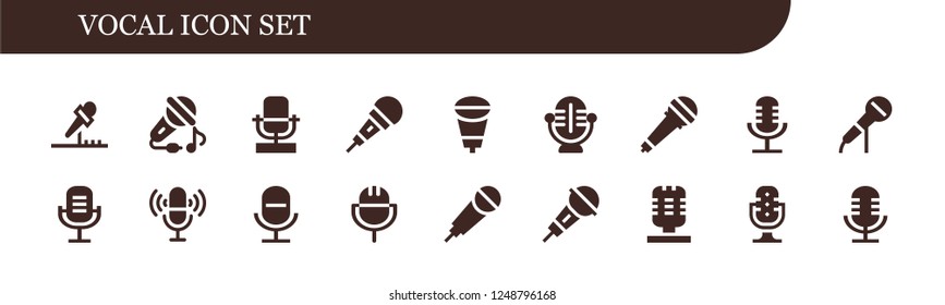 Vector icons pack of 18 filled vocal icons. Simple modern icons about  - Microphone, Sing, Karaoke