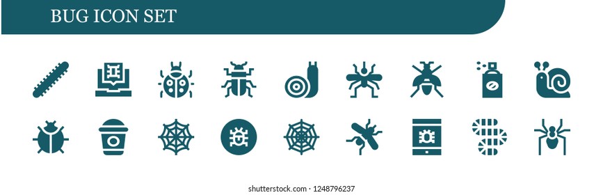 Vector icons pack of 18 filled bug icons. Simple modern icons about  - Centipede, Virus, Ladybug, Beetle, Snail, Mosquito, Wasp, Insecticide, Frappe, Spider web, Worm, Spider