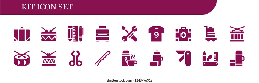 Vector icons pack of 18 filled kit icons. Simple modern icons about  - Baggage, Drum, Tools, Soccer jersey, Medical kit, Tool, Hairpin, Thermo, Pocket knife, Swiss army knife
