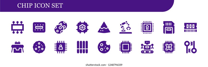 Vector icons pack of 18 filled chip icons. Simple modern icons about  - Cpu, Biscuit, Cookies, Nachos, Robot, Chip, Sd card, Ram, Cookie, Encryption