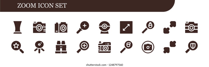 Vector icons pack of 18 filled zoom icons. Simple modern icons about  - Glass, Camera, Zoom in, Web cam, Resize, Search, Binoculars, Photo camera