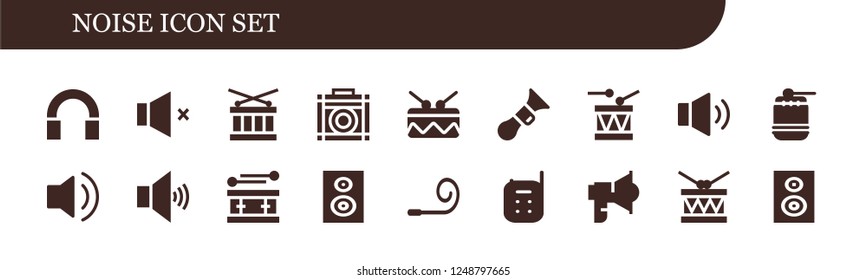 Vector icons pack of 18 filled noise icons. Simple modern icons about  - Audio, Volume, Drum, Amplifier, Horn, Woofer, Party blower, Baby monitor, Loudspeaker, Subwoofer