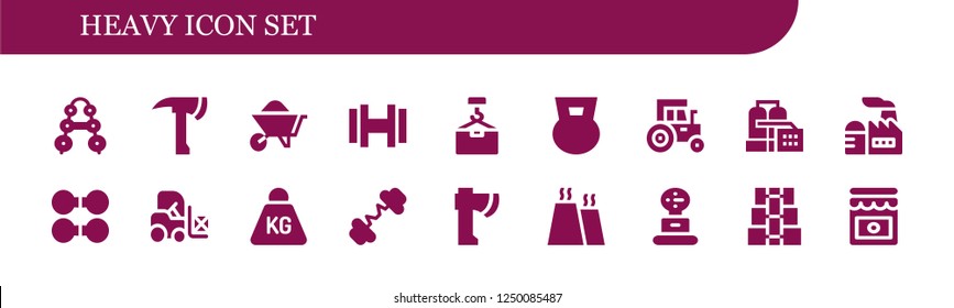 Vector icons pack of 18 filled heavy icons. Simple modern icons about  - Barbell, Axe, Wheelbarrow, Dumbbell, Crane, Tractor, Factory, Forklift, Weight, Jam