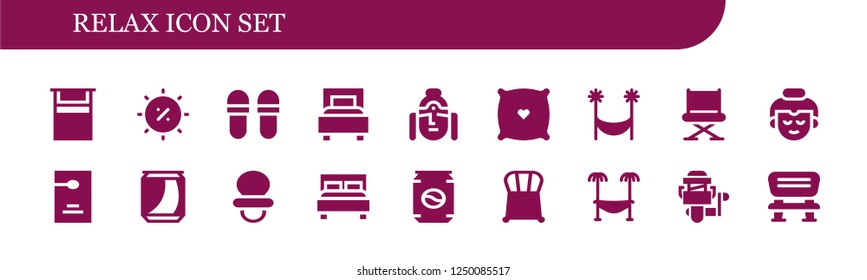 Vector icons pack of 18 filled relax icons. Simple modern icons about  - Bed, Summer, Slippers, Buddha, Pillow, Hammock, Chair, Door hanger, Can, Dummy, Double bed, Fishing reel