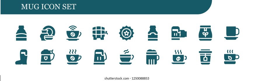 Vector icons pack of 18 filled mug icons. Simple modern icons about  - Beer, Porcelain, Coffee, Beer cap, Beer bottle, Tea bag, Cup, Tea