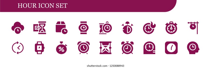 Vector icons pack of 18 filled hour icons. Simple modern icons about  - Time, Hourglass, Wait time, Wristwatch, Clock, Stop watch, Clocks, Stopclock, Stopwatch, Alarm clock, Alarma clock