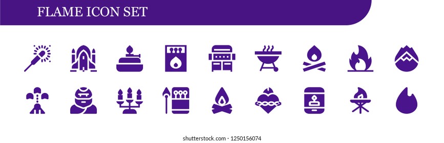 Vector icons pack of 18 filled flame icons. Simple modern icons about  - Sparkler, Rocket ship, Burner, Matches, Grill, Barbecue, Bonfire, Fire, Forest fire, Spaceship, Troglodyte