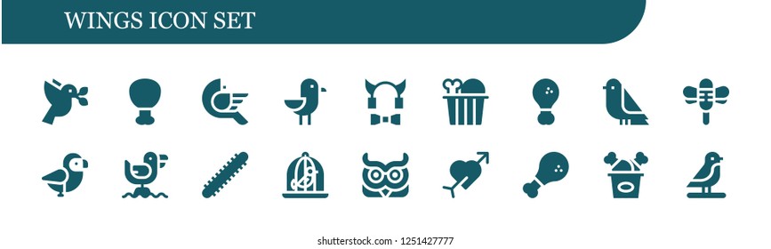 Vector icons pack of 18 filled wings icons. Simple modern icons about  - Dove, Fried chicken, Bird, Seagull, Devil, Chicken, Dragonfly, Centipede, Owl, Cupid