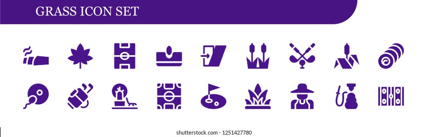 Vector Icons Pack Of 18 Filled Grass Icons. Simple Modern Icons About  - Marijuana, Football Field, Sow, Shear, Reed, Golf, Bulrush, Bale, Fertilization, Landscape, Grass, Gardener