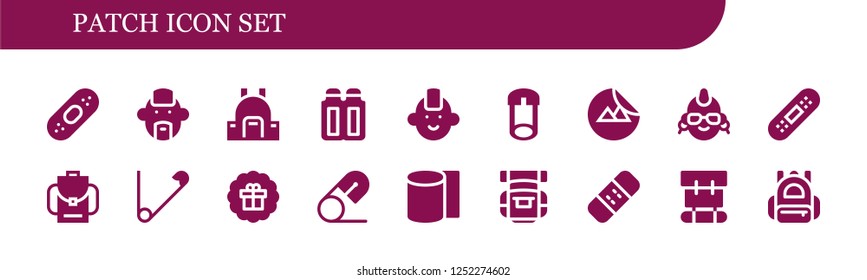 Vector icons pack of 18 filled patch icons. Simple modern icons about  - Plaster, Punk, Backpack, Suppositories, Safety pin, Sticker, Bandage, Bandages