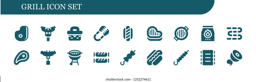 Vector icons pack of 18 filled grill icons. Simple modern icons about  - Meat, Sausage, Picnic, Tongs, Hot dog, Steak, Grill, Charcoal, Sausages, Bbq, Brochette, Skewer, Ribs