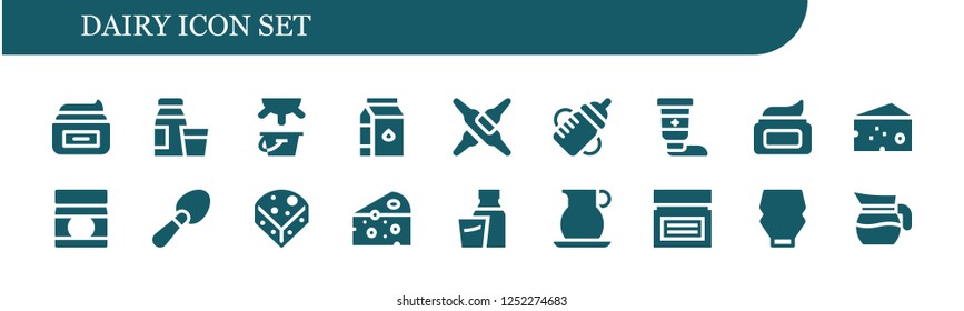 Vector icons pack of 18 filled dairy icons. Simple modern icons about  - Cream, Diary product, Milk, Calcium, Feeding bottle, Cheese, Baby food, Scoop, Jug, Mayonnaise
