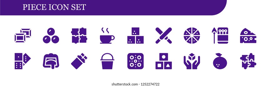Vector icons pack of 18 filled piece icons. Simple modern icons about  - Chocolate, Chocolates, Puzzle, Sugar cube, Pizza, Matches, Cheese, Domino, Cube, Cubes, Orange