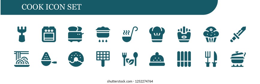 Vector icons pack of 18 filled cook icons. Simple modern icons about  - Fork, Stove, Toaster, Cooking, Ladle, Chef, Fries, Muffin, Knife, Spaghetti, Spoon, Donut, Grill, Salad