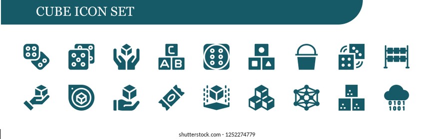 Vector icons pack of 18 filled cube icons. Simple modern icons about  - Dice, Cube, Abc, Cubes, Dices, Perspective, Sugar, Modeling, Sugar cube, Binary