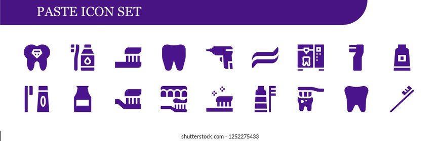 Vector icons pack of 18 filled paste icons. Simple modern icons about  - Tooth, Tooth Brush, Toothbrush, Caulk gun, Toothpaste, Ketchup bottle