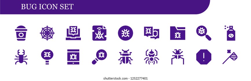 Vector icons pack of 18 filled bug icons. Simple modern icons about  - Frappe, Spider web, Virus, Malware, Virus search, Insecticide, Beetle, Spider, Parasite, Spam, Butterfly net