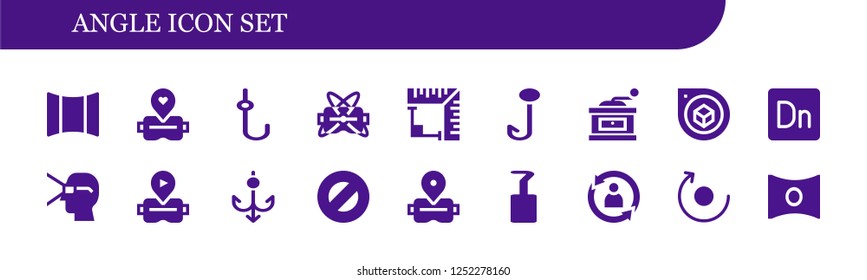 Vector icons pack of 18 filled angle icons. Simple modern icons about  - Panoramic, Virtual reality, Hook, Angle, Grinder, Perspective, Dimension, Protractor, Rotate, Panorama