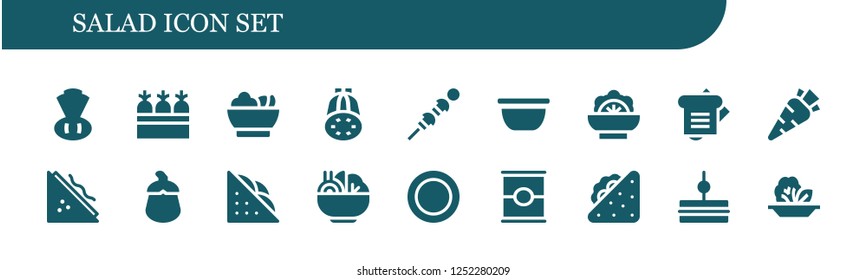 Vector icons pack of 18 filled salad icons. Simple modern icons about  - Chives, Carrots, Salad, Courgette, Vegetables, Bowl, Sandwich, Carrot, Aubergine, Dish, Tomato