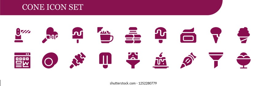Vector icons pack of 18 filled cone icons. Simple modern icons about  - Barrier, Ice cream, Macaron, Popsicle, Cream, Traffic, Gummy, Funnel, Creme caramel, Pastry bag