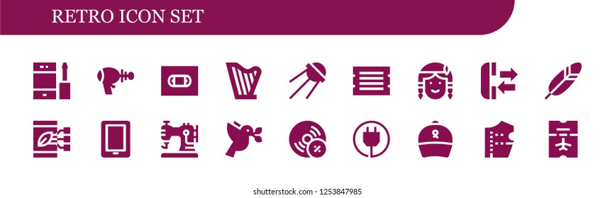 Vector icons pack of 18 filled retro icons. Simple modern icons about  - Phone, Blaster, Vhs, Harp, Sputnik, Ticket, Native american, Feather, Smartphone, Sewing machine, Dove