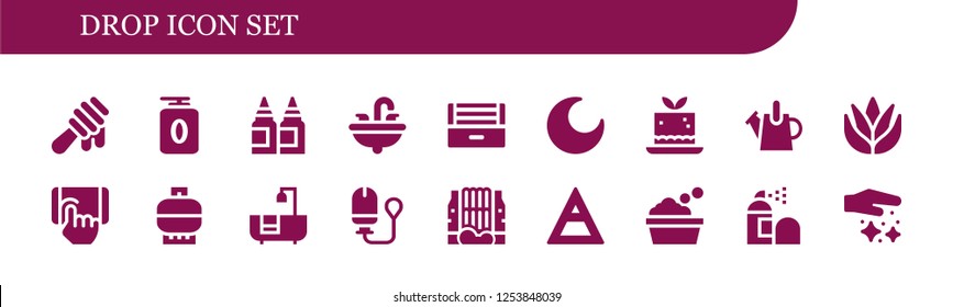 Vector icons pack of 18 filled drop icons. Simple modern icons about  - Honey, Gel, Inks, Sink, Ultraviolet, Night, Mousse, Watering can, Aloe vera, Tap, Gas, Bathtub, Tampon