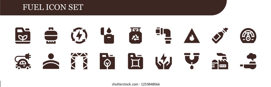 Vector icons pack of 18 filled fuel icons. Simple modern icons about  - Gasoline, Gas, Energy, Lighter, Pipes, Fire, Oil, Speedometer, Electric car, Convex, Rigging, Fuel, Save energy