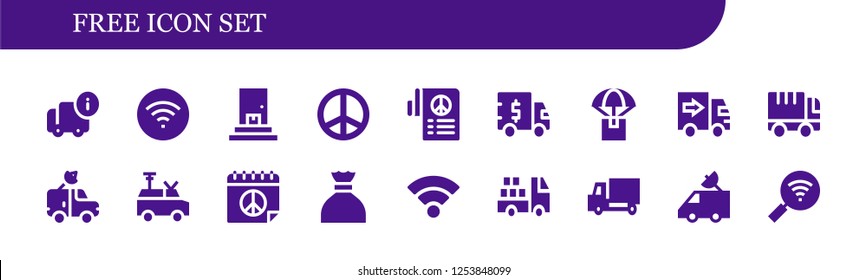 Vector icons pack of 18 filled free icons. Simple modern icons about  - Delivery, Wifi, Peace, Truck, Delivery truck, Van, Sugar