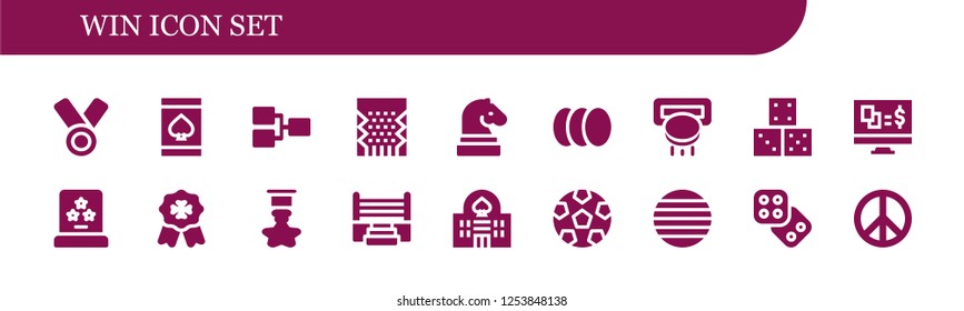 Vector icons pack of 18 filled win icons. Simple modern icons about  - Medal, Online gambling, Competition, Slot machine, Chess, Balls, Dice, Gambling, Award, Badge, Boxing ring