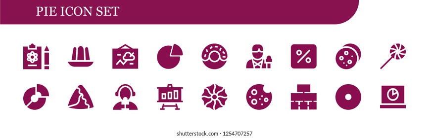 Vector icons pack of 18 filled pie icons. Simple modern icons about  - Report, Jelly, Chart, Graph, Donut, Reporter, Percentage, Cookie, Sweet, Pie chart, Samosa, Analytics, Flow chart