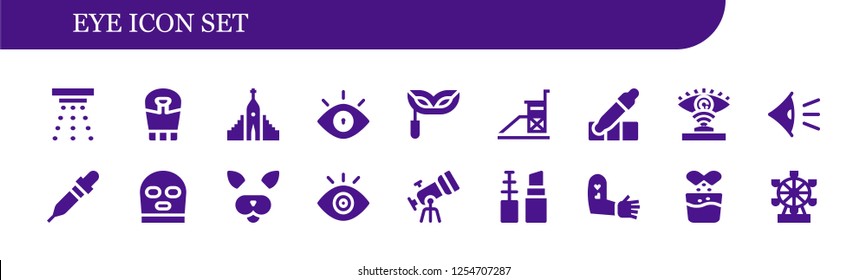 Vector icons pack of 18 filled eye icons. Simple modern icons about  - Smoke detector, Sarcophagus, Hallgrimskirkja, Eye, Eye mask, Vigilance, Eyedropper, Eye scan, Pipette, Balaclava