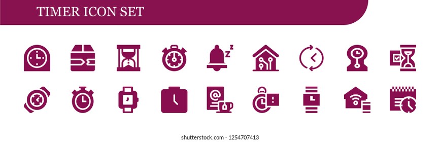 Vector icons pack of 18 filled timer icons. Simple modern icons about  - Clock, Fast delivery, Hourglass, Stopclock, Snooze, Smart home, Time, Clocks, Watch, Stopwatch, Wristwatch