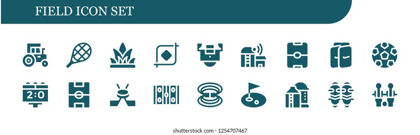 Vector icons pack of 18 filled field icons. Simple modern icons about  - Tractor, Tennis, Grass, Crop, Field, Farm, Football, Shin guards, Soccer, Scoreboard, Football field, Hockey