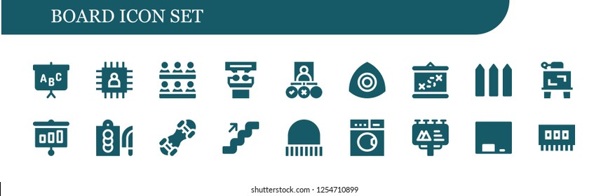 Vector icons pack of 18 filled board icons. Simple modern icons about  - Blackboard, Chip, Classroom, Presentation, Tasks, Chalk, Boarding, Fence, Drawing, Cutting board, Snowboard