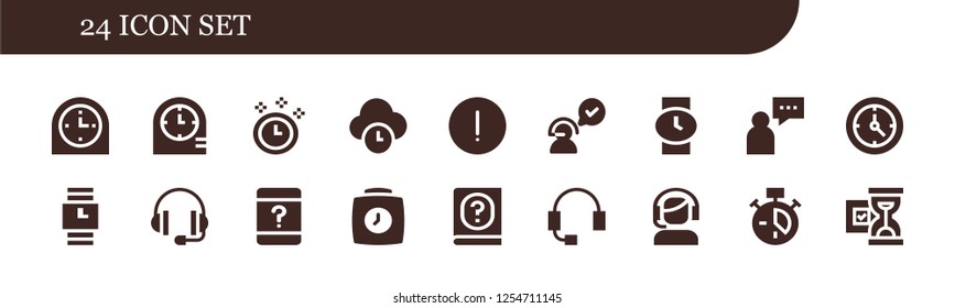 Vector icons pack of 18 filled 24 icons. Simple modern icons about  - Clock, Clocks, Time, Advise, Customer service, Wristwatch, Supporter, Support, Manual, Headset, Hourglass