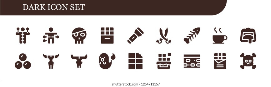 Vector icons pack of 18 filled dark icons. Simple modern icons about  - Voodoo doll, Skull, Chocolate, Flashlight, Sabers, Fishbone, Chocolates, Ghost, Nougat
