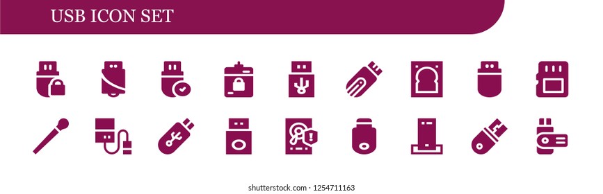 Vector icons pack of 18 filled usb icons. Simple modern icons about  - Pendrive, Harddrive, Usb, Hard drive, Memory card, Stick, Hard disk, Charger