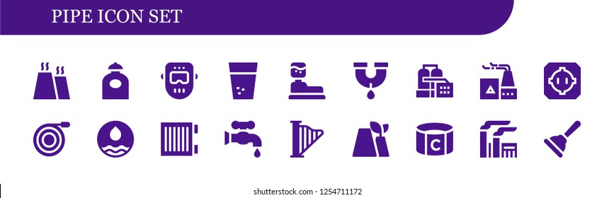Vector icons pack of 18 filled pipe icons. Simple modern icons about  - Factory, Water, Welder, Water tank, Pipe, Dohyo, Hose, Heater, Faucet, Harp, Captain, Plunger