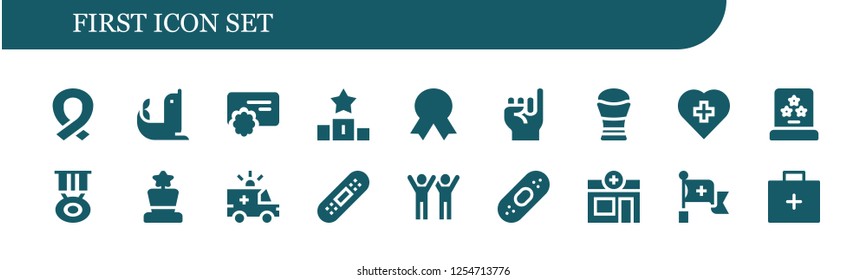 Vector icons pack of 18 filled first icons. Simple modern icons about  - Ribbon, Seal, Reward, Podium, Quality, Promise, Trophy, Red cross, Award, Medal, Ambulance, Bandage, Success