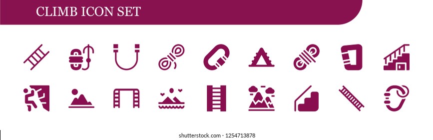 Vector icons pack of 18 filled climb icons. Simple modern icons about  - Ladder, Rope, Carabiner, Stairs, Climbing, Mountain, Mountains