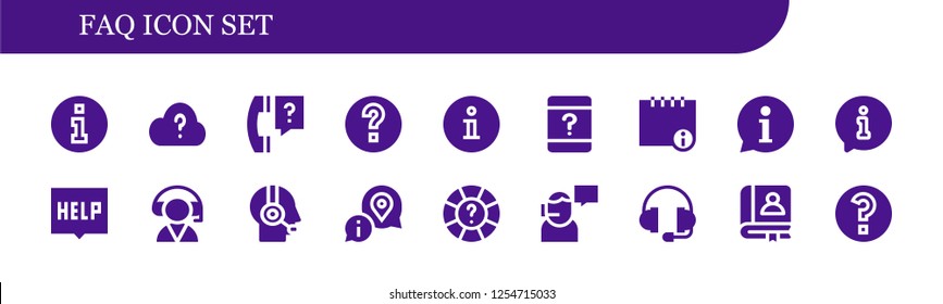 Vector icons pack of 18 filled faq icons. Simple modern icons about  - Information, Question, Help, Customer service, Info, Support, Faq