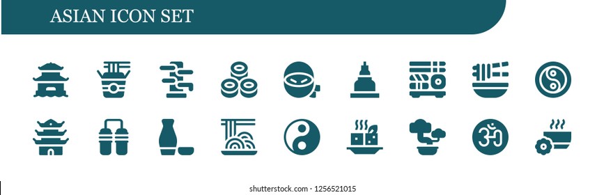 Vector icons pack of 18 filled asian icons. Simple modern icons about  - Pagoda, Noodles, Wing chun, Sushi, Ninja, Temple, Noodle, Yin yang, Nunchaku, Sake, Spaghetti, Tofu, Bonsai