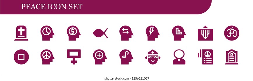 Vector icons pack of 18 filled peace icons. Simple modern icons about  - Gravestone, Mind, Christianity, Om, Stop, Peace, Priest, Tombstone