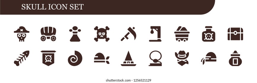 Vector icons pack of 18 filled skull icons. Simple modern icons about  - Pirate, Wagon, Poison, Skull, Scythe, Gallow, Toxic, Treasure, Fishbone, Jolly roger, Fossil, Witch, Cowboy