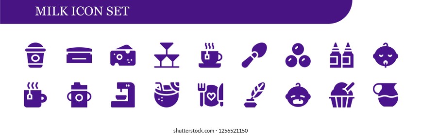 Vector icons pack of 18 filled milk icons. Simple modern icons about  - Frappe, Cream, Cheese, Drinks, Tea, Scoop, Chocolates, Inks, Baby, Feeding bottle, Coffee machine, Coconut drink