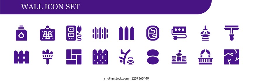 Vector icons pack of 18 filled wall icons. Simple modern icons about  - Conditioner, Picture frames, Socket, Fence, Window, , Paint roller, Painting brush, Floor