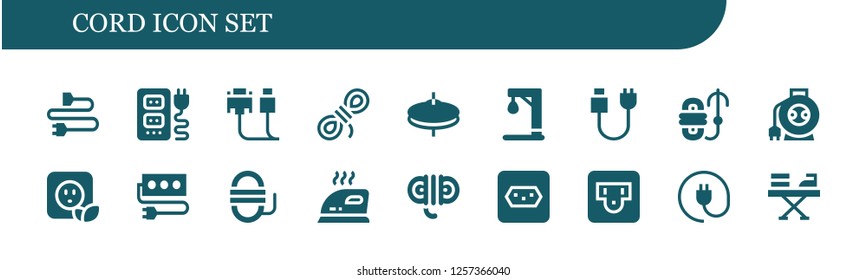 Vector icons pack of 18 filled cord icons. Simple modern icons about  - Plug, Socket, Cable, Rope, Cymbals, Gallow, Wire, Iron