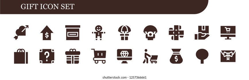 Vector icons pack of 18 filled gift icons. Simple modern icons about  - Heart, Sales, Box, Gingerbread, Gift, Parachute, Package, Online shop, Shopping bag, Surprise, Shopping cart